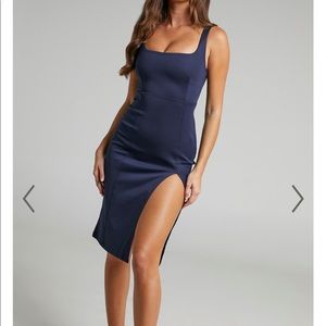 Showpo MINI LOVE SQUARE NECK SPLIT MIDI DRESS IN NAVY Size 4/S